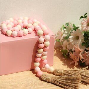 Valentines Day Wood Bead Garland, 39in Farmhouse Beads with Tassels Boho Beads